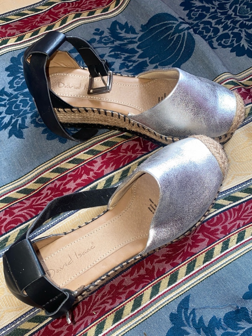 Silver Espadrille Wedge Sandals with Black Ankle Strap